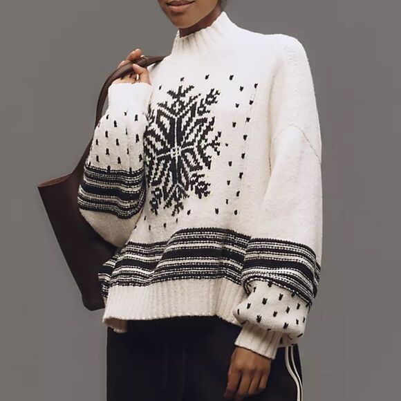 Anthropologie Daily Practice Relaxed Graphic Print Sweater Ivory Combo - Picture 1 of 7